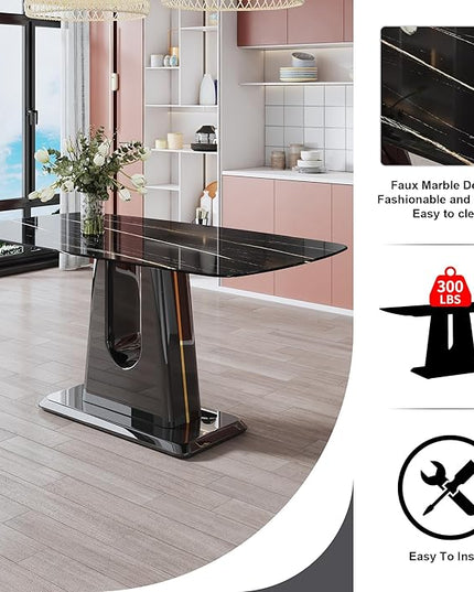 NicBex 62.99Inch Rectangular Dining Table,Modern Kitchen Table with Black Imitation Marble Tabletop and MDF U-Shaped Legs for 6 to 8,Large Dining Room Table for Kitchen,Meeting Living Room,Black - LeafyLoom