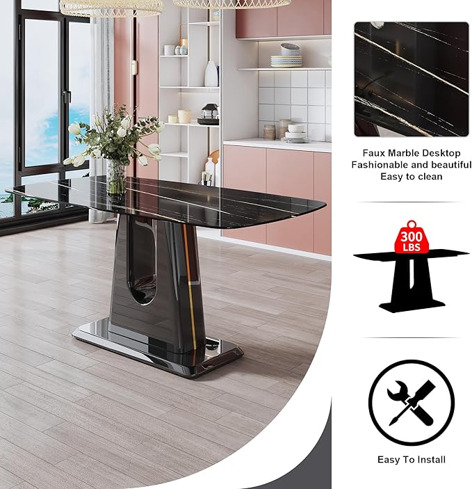 NicBex 62.99Inch Rectangular Dining Table,Modern Kitchen Table with Black Imitation Marble Tabletop and MDF U-Shaped Legs for 6 to 8,Large Dining Room Table for Kitchen,Meeting Living Room,Black - LeafyLoom