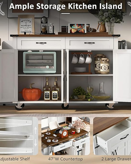 53.5'' Farmhouse Kitchen Cart with Power Outlet & Drop Leaf, Portable Mobile Table w/Spice, Towel Rack and Drawers, Rolling Islands on Wheels, for Home, Dining Room, 53.5 Inch, White 14 - LeafyLoom