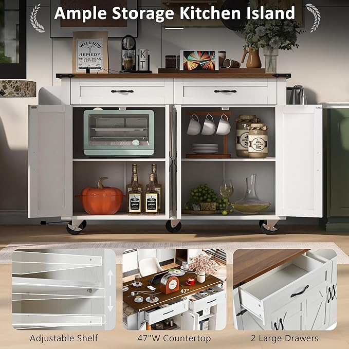 53.5'' Farmhouse Kitchen Cart with Power Outlet & Drop Leaf, Portable Mobile Table w/Spice, Towel Rack and Drawers, Rolling Islands on Wheels, for Home, Dining Room, 53.5 Inch, White 14 - LeafyLoom