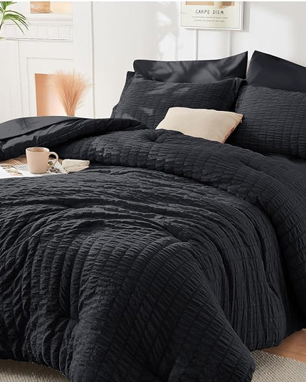 HYMOKEGE Seersucker Comforter Set Full Size 3 Pieces, Lightweight Comforter Sets for Bedding, Bed Set with 1 All Season Soft Down Alternative Comforter and 2 Pillow Shams, Black - LeafyLoom