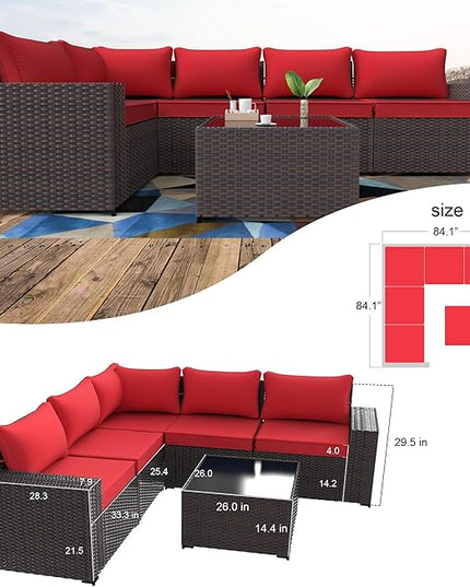 Kullavik 6PCS Outdoor Patio Furniture Set PE Wicker Rattan Sectional Sofa Patio Conversation Sets,Red - LeafyLoom