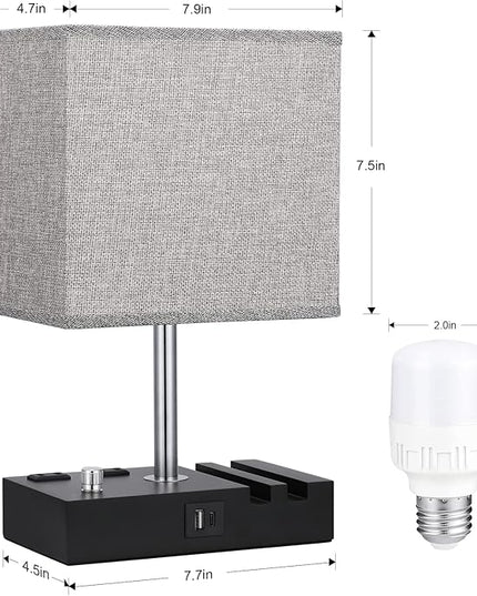 Kakanuo Fully Dimmable Nightstand Lamp for Bedroom with USB C Ports, Grey Small Bedside Table Lamp with Charging Outlets and Phone Stands, Wooden Desk Lamp for Living Room, LED Bulb Included - LeafyLoom