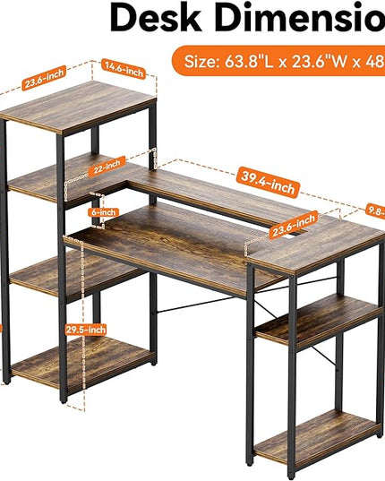 63-Inch Industrial Home Office Desk with Bookshelf, Gaming Computer Desk with Monitor Stand and Printer Shelf for Study, Writing, PC Work - LeafyLoom