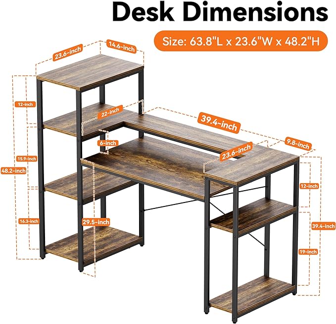 63-Inch Industrial Home Office Desk with Bookshelf, Gaming Computer Desk with Monitor Stand and Printer Shelf for Study, Writing, PC Work - LeafyLoom