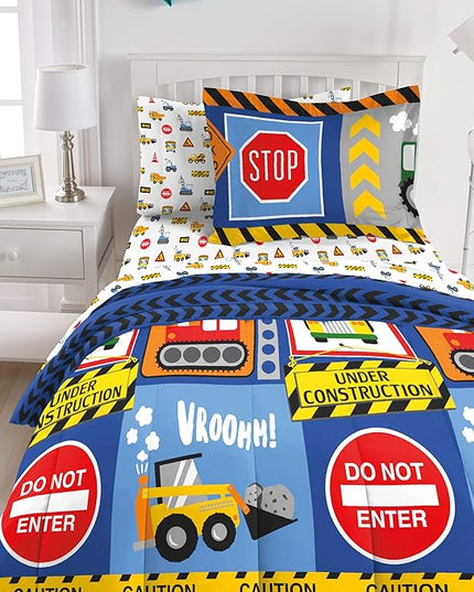 dream FACTORY Kids 5-Piece Complete Set Easy-Wash Super Soft Microfiber Comforter Bedding, Twin, Navy Blue Under Construction - LeafyLoom