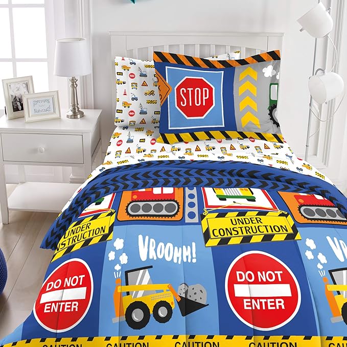 dream FACTORY Under Construction 7-Piece Microfiber Bag Comforter Bedding Set Super Soft-Full, Navy Blue,2D871902NY - LeafyLoom