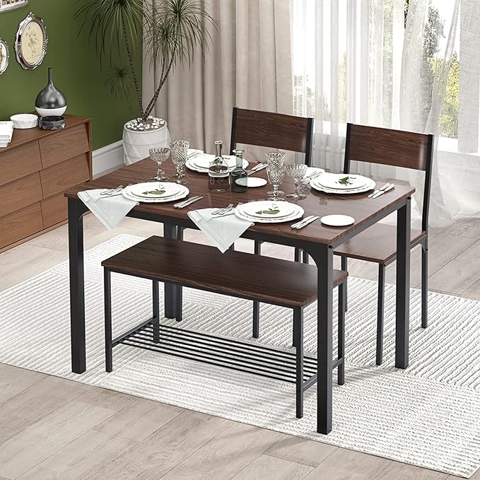 sogesfurniture 4 Piece Dining Table Set, Dining Table Set for 4, Kitchen Dinner Table with Benches for 4, includes Table, 2 Chairs & Bench, Brown - LeafyLoom