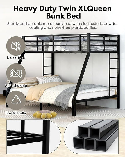 Metal Twin XL Over Queen Bunk Bed, Heavy Duty Twin XL Bunk Bed with 2 Safety Side Ladder and Full Length High Guardrail for Teens and Adults, Noise-Reduced - LeafyLoom