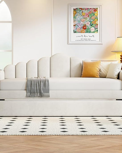 Twin Size Upholstered Daybed with Trundle and Striped Headboard, Velvet Sofa Bed w/USB Charging Ports & Side Pockets, for Bedroom Living Room, No Box-spring Needed, Beige - LeafyLoom