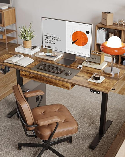 Adjustable Height Electric Standing Desk with Storage Wooden Drawer, 48 x 24 Inches Stand Up Home Office Computer Gaming Table with Splice Board for Work Office Home, Rustic Brown - LeafyLoom