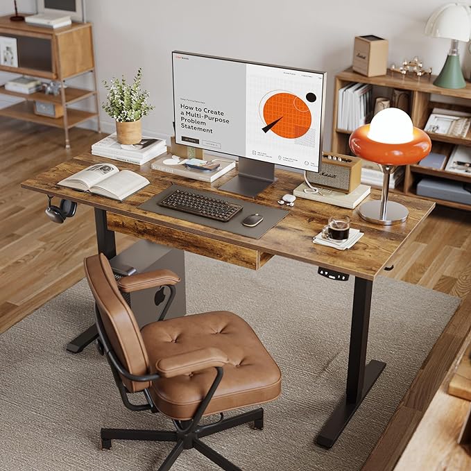 Adjustable Height Electric Standing Desk with Storage Wooden Drawer, 48 x 24 Inches Stand Up Home Office Computer Gaming Table with Splice Board for Work Office Home, Rustic Brown - LeafyLoom