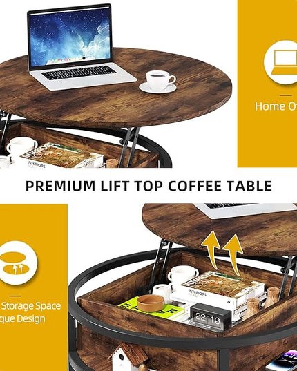 DWVO Round Coffee Tables for Living Room,Lift Top Coffee Table with Storage, Farmhouse Wood Coffee Table,Circle Coffee Tables Living Room for Home Office,Rustic Brown - LeafyLoom