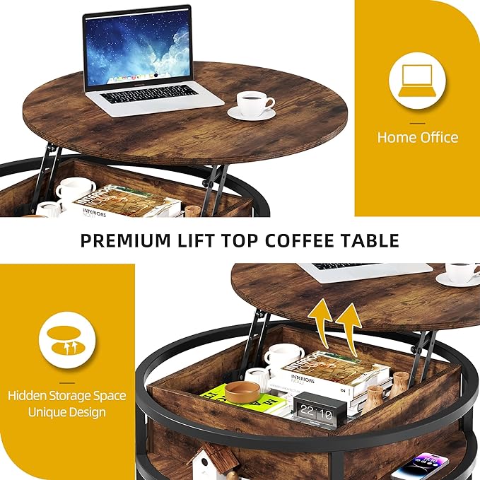 DWVO Round Coffee Tables for Living Room,Lift Top Coffee Table with Storage, Farmhouse Wood Coffee Table,Circle Coffee Tables Living Room for Home Office,Rustic Brown - LeafyLoom