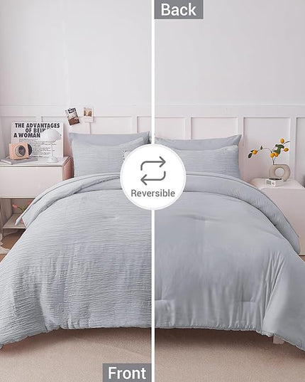 8 Piece Woven Texture King Size Comforter Set Grey, Bed in A Bag Bedding King with Comforter and Sheets, Soft Lightweight Comforter Set with Deocor Throw Pillow, Grey - LeafyLoom