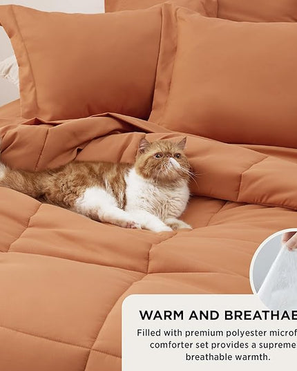 Bedsure Burnt Orange Queen Size Comforter Set - 7 Pieces Solid Queen Bed in a Bag, Queen Bed Set Burnt Orange with Quilted Warm Fluffy Comforters, Sheets, Pillowcases & Shams - LeafyLoom
