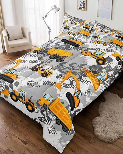 3-Pcs Construction Kids Bedding Set for Boys, Reversible Twin Truck Bed Comforter Set, Cartoon Excavator Car Printed Bedding Sets with Tire Marks - LeafyLoom