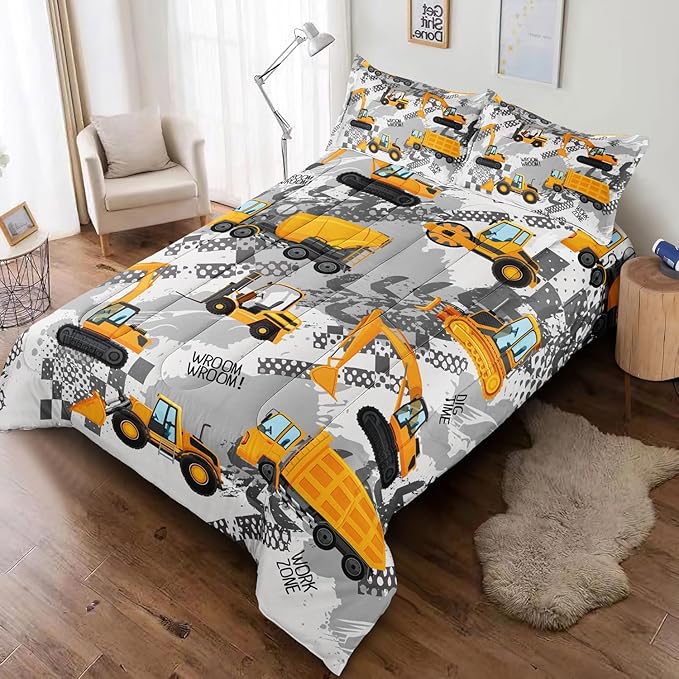 3-Pcs Construction Kids Bedding Set for Boys, Reversible Twin Truck Bed Comforter Set, Cartoon Excavator Car Printed Bedding Sets with Tire Marks - LeafyLoom