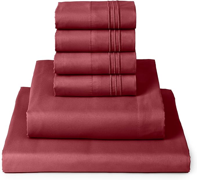 Mellanni California King Sheets Set - 6 PC Iconic Collection Bedding Sheets & Pillowcases - Ultra Soft, Cooling Bed Sheets - Deep Pocket up to 16 inch - 6 PC (Cal King, Brick Red w/Extra Pillow Cases) - LeafyLoom