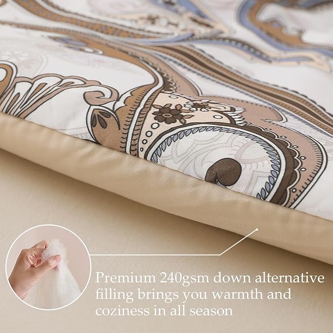 Whale Flotilla Queen Full Comforter Set, Soft Reversible Beige Bedding Comforter Set with Pailsey Pattern, 1 Micoriber Printed Comforter and 2 Pillow Shams, 3 Pieces - LeafyLoom