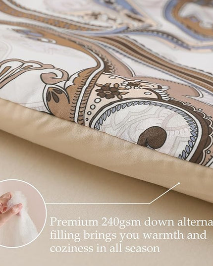 Whale Flotilla King Comforter Set, Soft Reversible Beige Bedding Comforter Set with Pailsey Pattern, 1 Micoriber Printed Comforter and 2 Pillow Shams, 3 Pieces - LeafyLoom