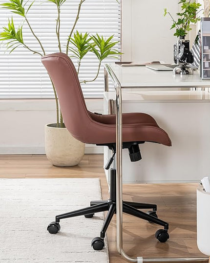 YOUNIKE Office Chair, Armless Desk Chair with Wheels, Home Office Computer Task Chairs, Modern Faux Leather Upholstered Vanity Chair, Adjustable Swivel Rocking Chair with Back, Dusty Rose - LeafyLoom