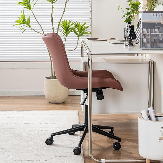 YOUNIKE Office Chair, Armless Desk Chair with Wheels, Home Office Computer Task Chairs, Modern Faux Leather Upholstered Vanity Chair, Adjustable Swivel Rocking Chair with Back, Dusty Rose - LeafyLoom