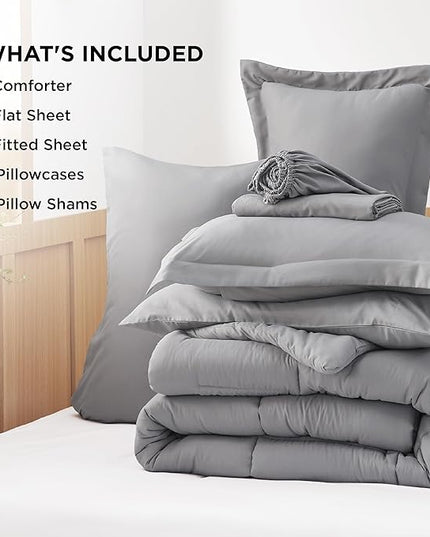 Bedsure Full Size Comforter Set - 7 Pieces Solid Full Bed in a Bag, Full Bed Set Grey with Quilted Warm Fluffy Comforters, Sheets, Pillowcases & Shams - LeafyLoom