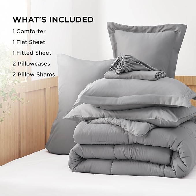 Bedsure Queen Bedding Comforter Set - 7 Pieces Solid Grey Bed in a Bag Queen, Bed Set Queen with Quilted Fluffy Comforters, Sheets, Pillowcases & Shams - LeafyLoom