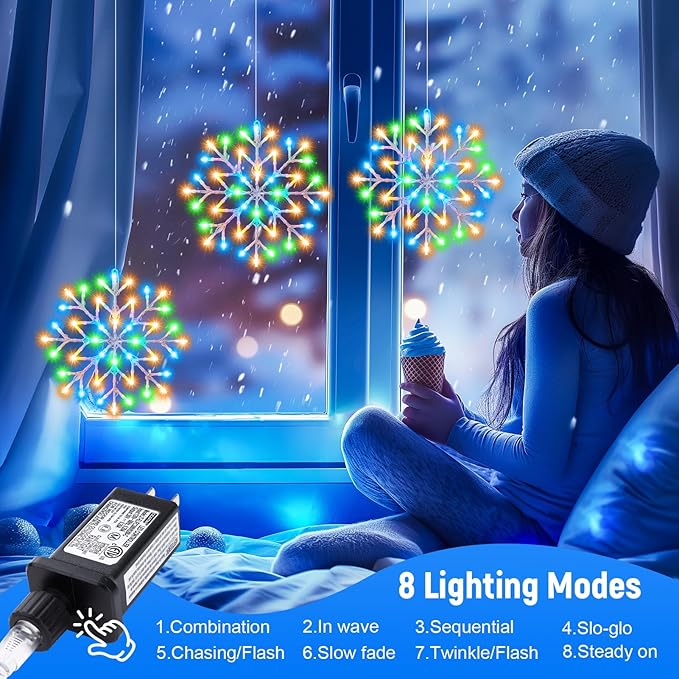 Christmas Snowflake Icicle Lights Outdoor - Plug-in 23.6ft 10 Drops 480LED Snowflake Window Lights, Connectable for Indoor Outdoor Porch Eaves Rooftops Canopy Christmas Decoration, Multicolor Brightown