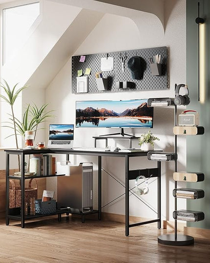 ODK 47 Inch Small L Shaped Computer Desk with Reversible Storage Shelves, L-Shaped Corner Desk with Monitor Stand for Small Space, Modern Simple Writing Study Table for Home Office Workstation, Black - LeafyLoom