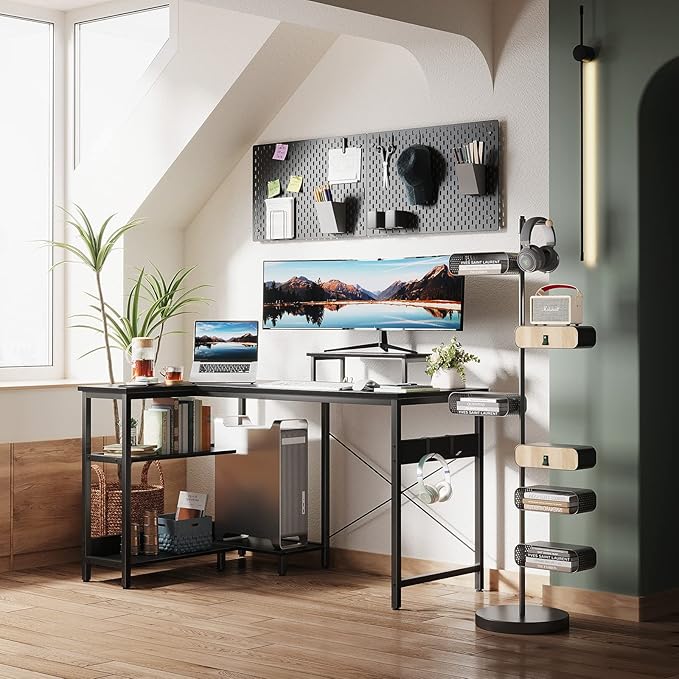 ODK 47 Inch Small L Shaped Computer Desk with Reversible Storage Shelves, L-Shaped Corner Desk with Monitor Stand for Small Space, Modern Simple Writing Study Table for Home Office Workstation, Black - LeafyLoom