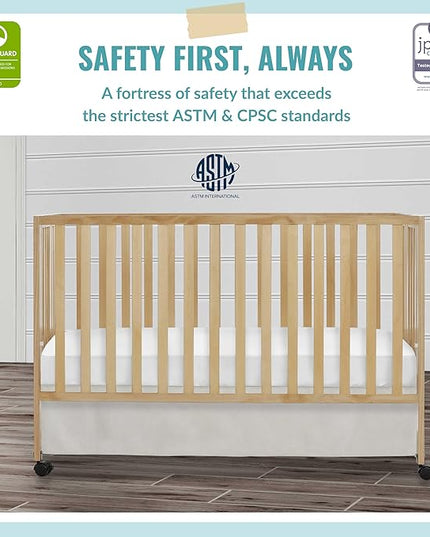 Quinn Full-Size Folding Crib in Natural, Removeable Wheels, Modern Nursey, Adjustable Mattress Support, Portable Crib, Patented Folding System - LeafyLoom