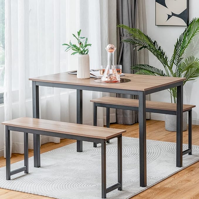 KOTEK Dining Table Set for 4, Modern Kitchen Table Set with 2 Benches, 3 Piece Dining Table and Bench Set for Small Space, 4-Person Dinette Set for Kitchen, Dining Room (Natural) - LeafyLoom