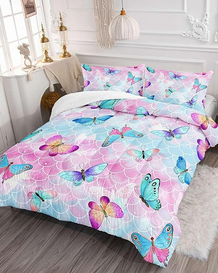 Datura home Kids Comforter Set Mermaid Scale Butterfly Printed Pattern Bedding Set with 1 Comforter and 2 Pillowcases for Girls Boys Bedroom All Season(Mermaid Twin) - LeafyLoom