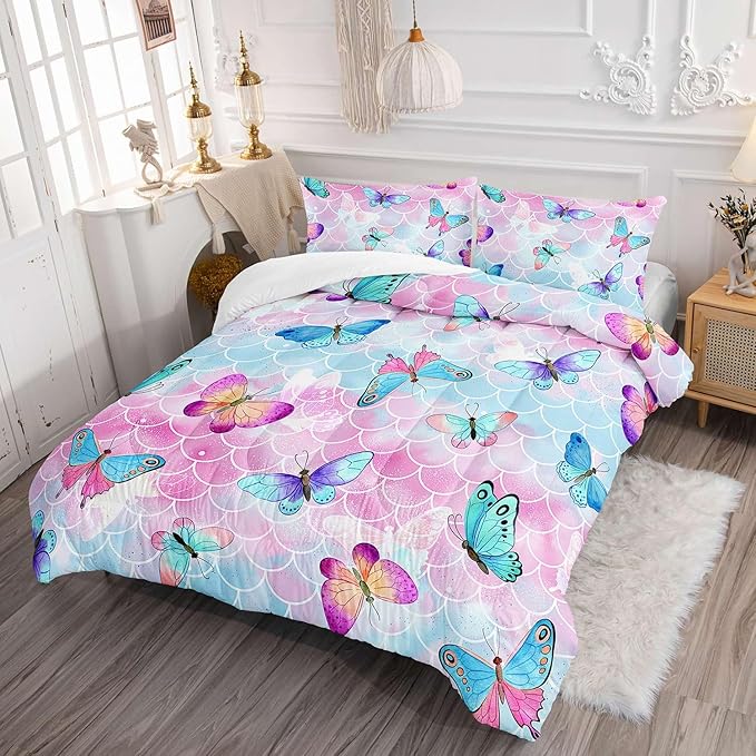 Datura home Kids Comforter Set Mermaid Scale Butterfly Printed Pattern Bedding Set with 1 Comforter and 2 Pillowcases for Girls Boys Bedroom All Season(Mermaid Twin) - LeafyLoom