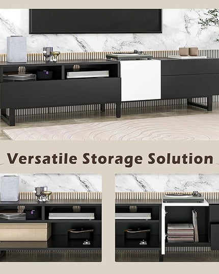 TV Stand with Double Storage Space for TVs up to 80'', Modern TV Console with Drop Down Door, Entertainment Center for Living Room, Bedroom and Home Theatre, Black+White - LeafyLoom