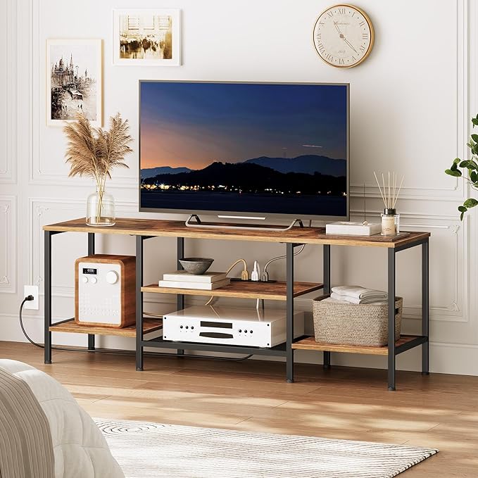 HOOBRO TV Stand with Power Outlets to 65 Inches, TV Console Table with Open Storage Shelves, Industrial Media Entertainment Center for Living Room Bedroom, Rustic Brown and Black BF40DS01 - LeafyLoom