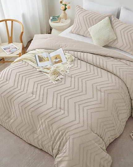 CozyLux Full Size Comforter Set Beige - 3 Pieces Boho Tufted Shabby Chic Bedding Comforter Set for All Seasons, Chevron Bedding Sets with Comforter & 2 Pillow Shams - LeafyLoom