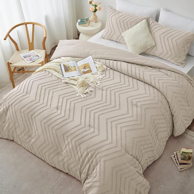 CozyLux Full Size Comforter Set Beige - 3 Pieces Boho Tufted Shabby Chic Bedding Comforter Set for All Seasons, Chevron Bedding Sets with Comforter & 2 Pillow Shams - LeafyLoom