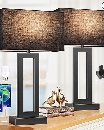 22" Tall Living Room Lamps for Night Stands - Touch Bedside Lamp with USB C+A, 3 Way Dimmable bedroom Lamps for End Tables Set of 2, Modern Night Stand Lamps for Bed Side(Black&Black) - LeafyLoom