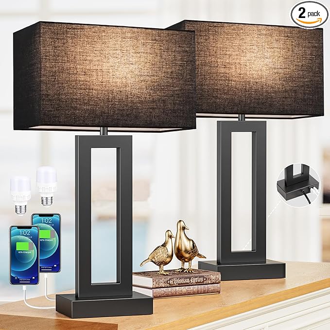 22" Tall Living Room Lamps for Night Stands - Touch Bedside Lamp with USB C+A, 3 Way Dimmable bedroom Lamps for End Tables Set of 2, Modern Night Stand Lamps for Bed Side(Black&Black) - LeafyLoom