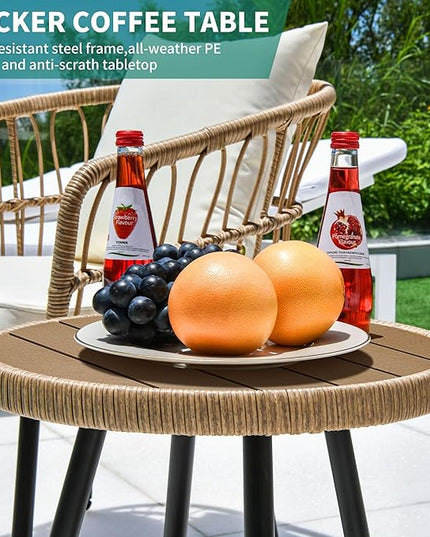 YITAHOME 3 Pieces Outdoor Wicker Patio Conversation Bistro Set, All-Weather Rattan Patio Furniture Set with Table & Cushions, Outdoor Sectional Sofa for Patio, Balcony, Backyard, Deck - LeafyLoom