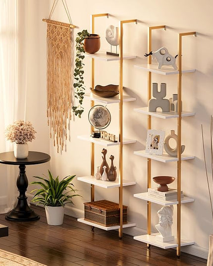 SUPERJARE 5-Tier Bookshelf, Narrow Book Shelf Set of 2, Open Wall-Mounted Ladder Shelf with Metal Frame, Display Bookcase for Home Office, Bedroom, White & Gold - LeafyLoom