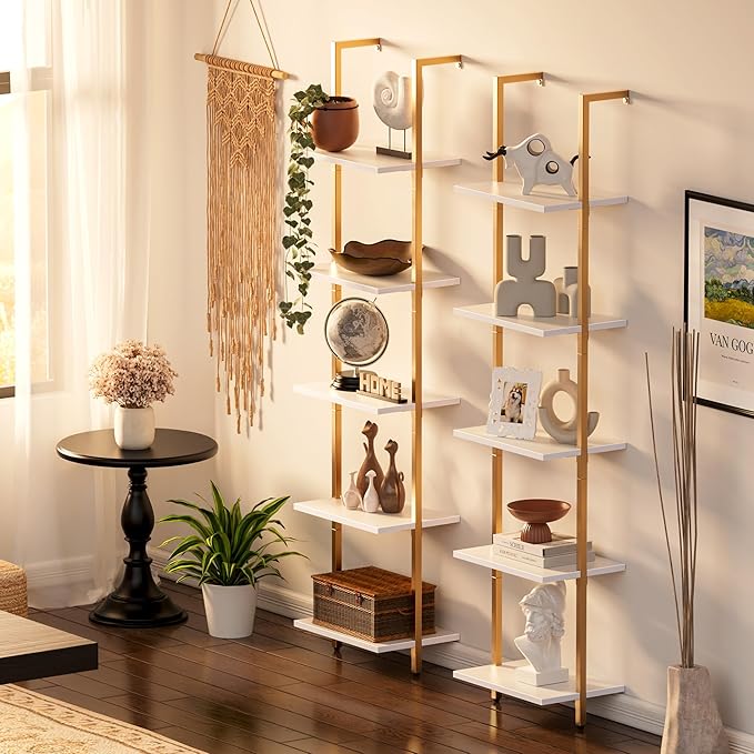 SUPERJARE 5-Tier Bookshelf, Narrow Book Shelf Set of 2, Open Wall-Mounted Ladder Shelf with Metal Frame, Display Bookcase for Home Office, Bedroom, White & Gold - LeafyLoom
