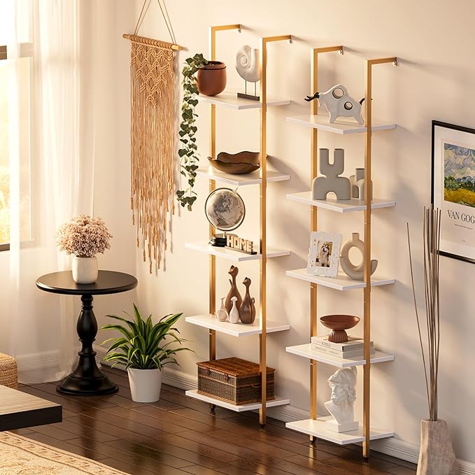 SUPERJARE 5 Tier Bookshelf, Narrow Book Shelf with Open Display Shelves, Small Bookcase with Metal Frame for Bedroom, Living Room, White and Gold - LeafyLoom