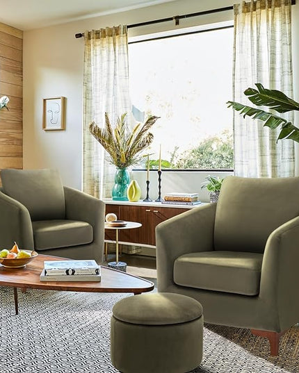 COLAMY Velvet Accent Chair with Storage Ottoman Set of 2, Upholstered Barrel Arm Chair with Footrest, Modern Living Room Chair with Back Pillow, Olive - LeafyLoom