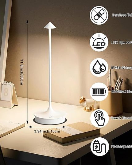 Cordless Table Lamp, Rechargeable Table Light Battery Powered LED Desk Lamp, Stepless Dimming Bedside Lamp, Minimalist Night Light in Aluminum for Restaurant/Bar/Home/Outdoor,White,2Pack - LeafyLoom