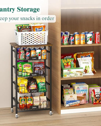 Kitchen Storage Cart with Wheels, 5-Tier Metal Utility Rolling Cart Fruit Vegetable Storage Basket Pantry Rack with Wood Top & Pull Out Baskets for Kitchen, Livingroom, Diningroom, Office - LeafyLoom