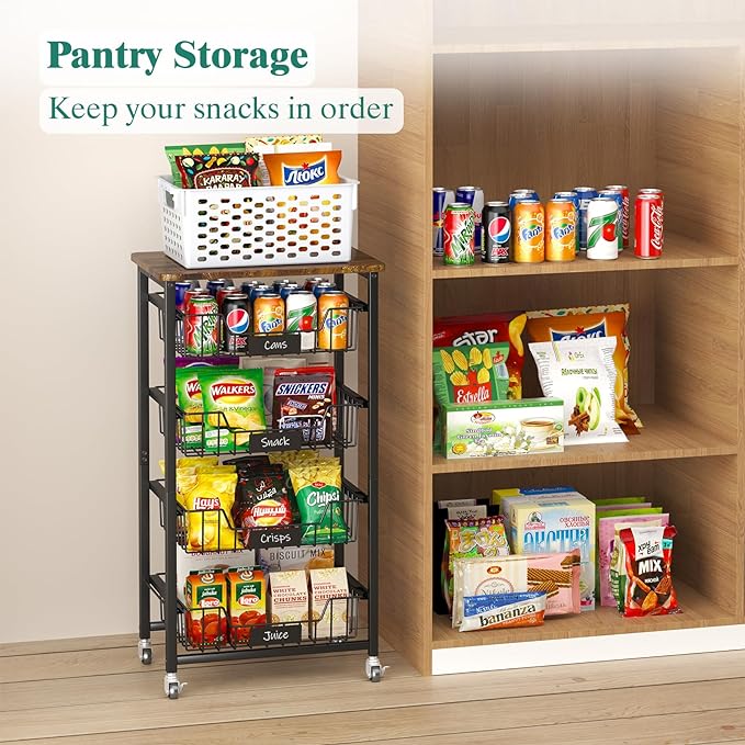 Kitchen Storage Cart with Wheels, 5-Tier Metal Utility Rolling Cart Fruit Vegetable Storage Basket Pantry Rack with Wood Top & Pull Out Baskets for Kitchen, Livingroom, Diningroom, Office - LeafyLoom